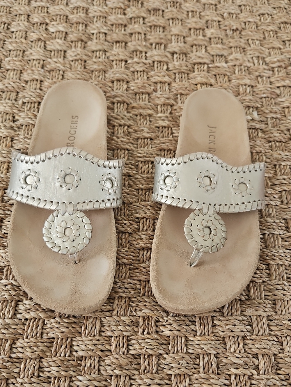 Jack Rogers Silver Metallic Leather Thong Sandals